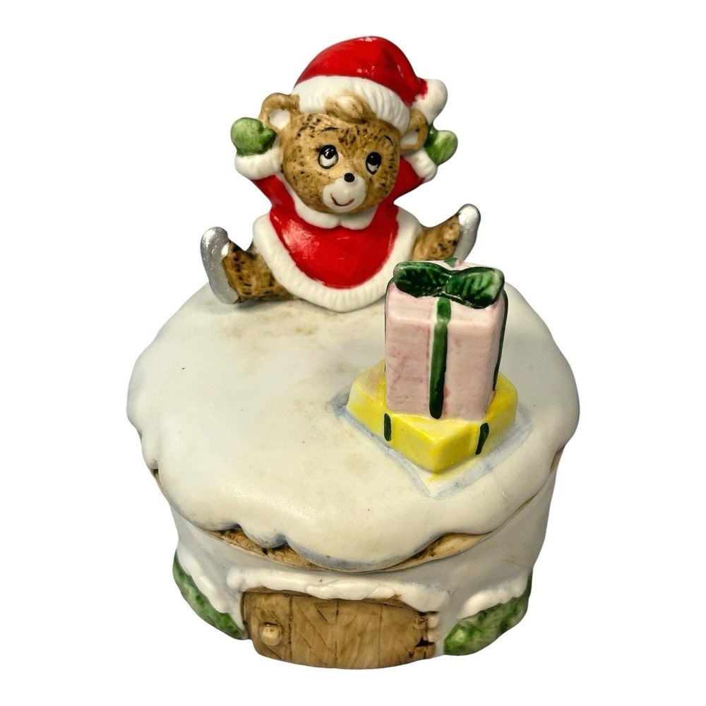 VTG 1985 Homco Christmas Santa Mouse Presents Covered Ceramic Trinket Dish Box